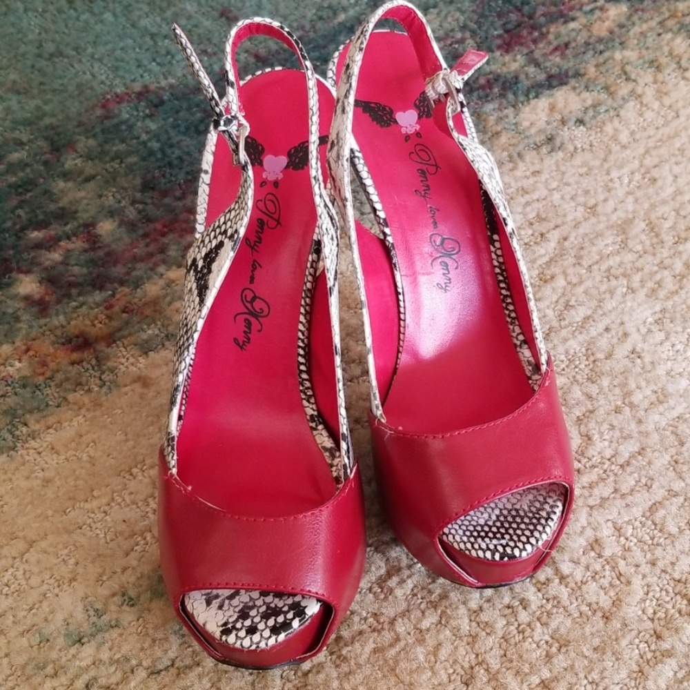 Penny Loves Kenny Red, Black, and Snake High Heels